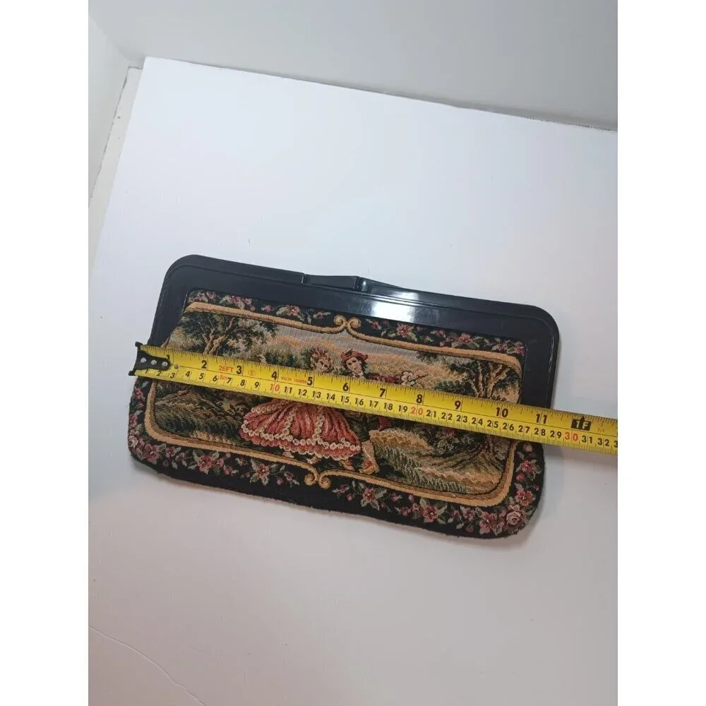 Vtg Handbag Needlepoint Tapestry Courting Couple Gold Black Damascene Clutch